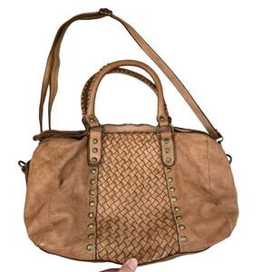 Womens Brown Leather Woven Top Handle Studded Shoulder Bag Made in Italy Purse